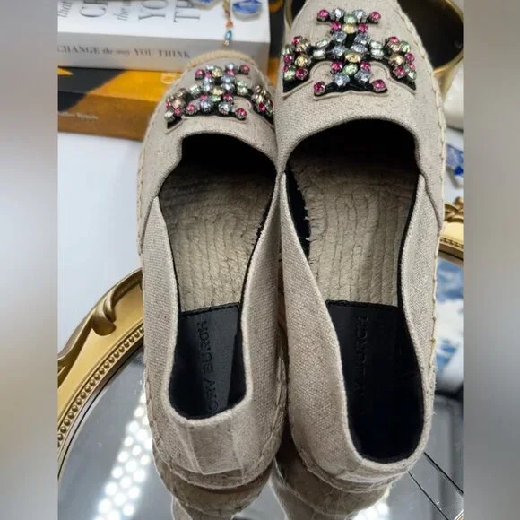 🆕 TORY BURCH 🧿 NWOT Ines Linen & Leather Bejewelled Espadrilles - Size 8 - Picture 5 of 10